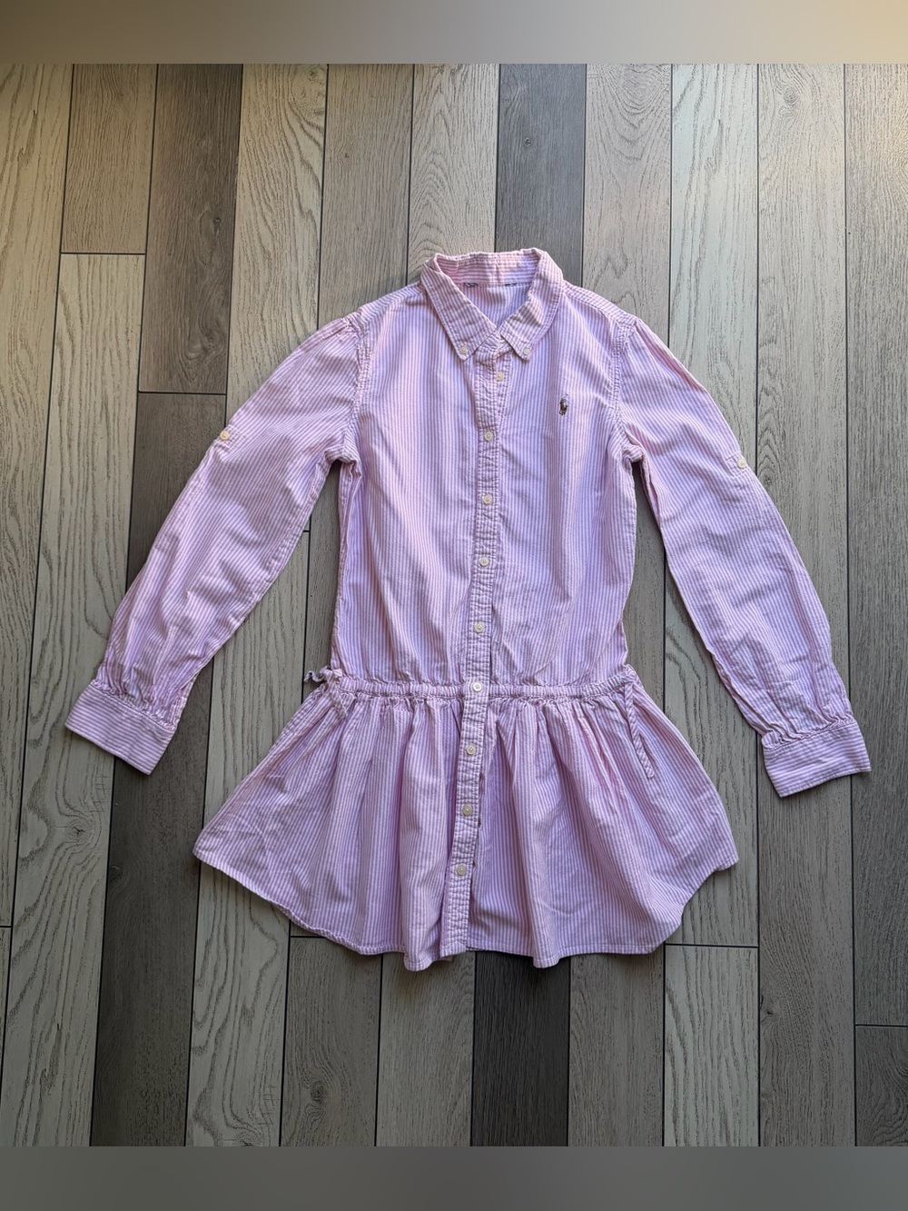 Ralph Lauren Kids Pink and White Striped Peplum Button-Down Dress 12-14